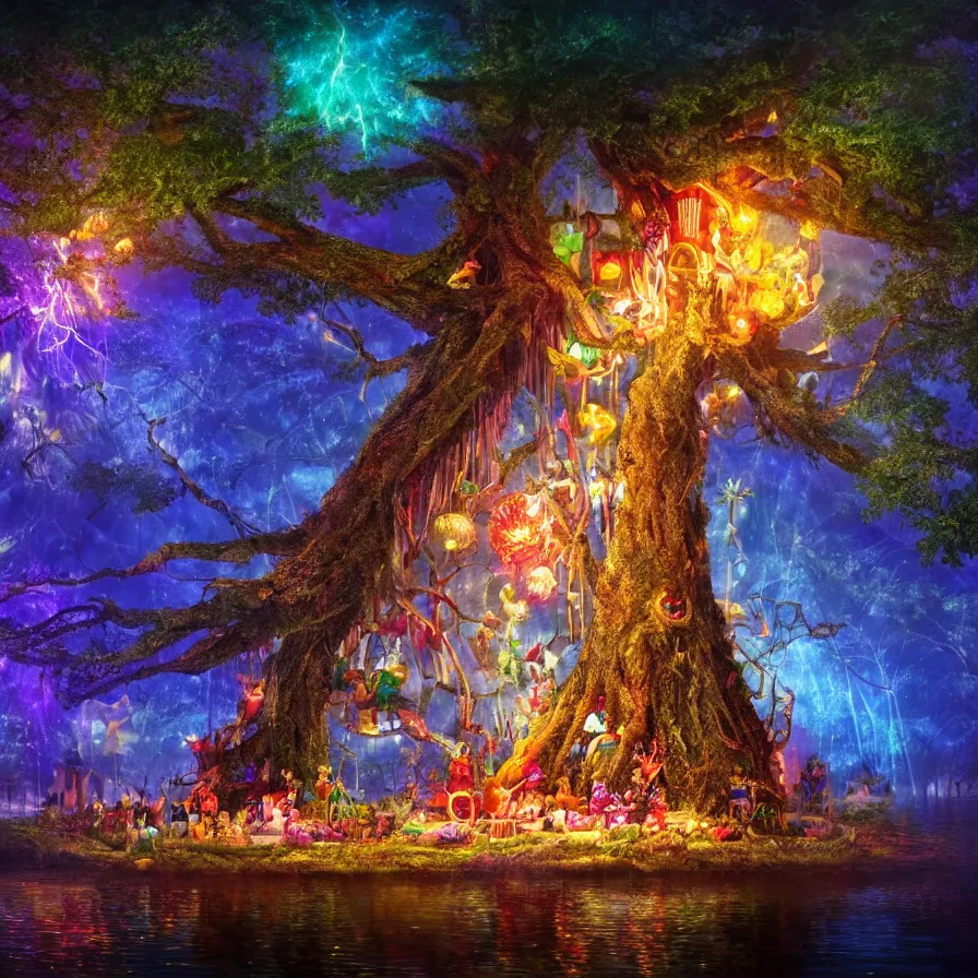 Prompt: closeup of a night carnival inside a tree cavity, a magical in a summer storm with a music scenario with many fireworks and christmas lights, next to a lake with iridiscent lake water, volumetric lightning, folklore people disguised with fantastic creatures in a magical forest by summer night, masterpiece painted fantasy art, scene by dark night environment, refraction lights, five star stories