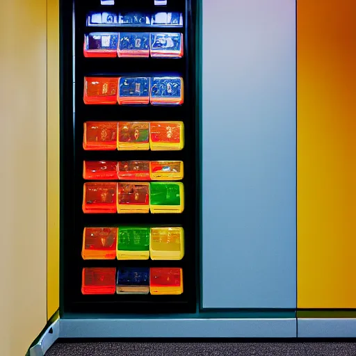 Image similar to noisy color photograph of a vending machine room, laboratory, dark corners, minimalist, cinematic, soft vintage glow