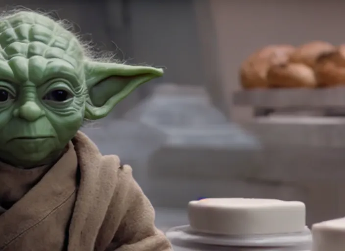 Image similar to film still of yoda working as a pastry chef in the new Star Wars movie, 4k