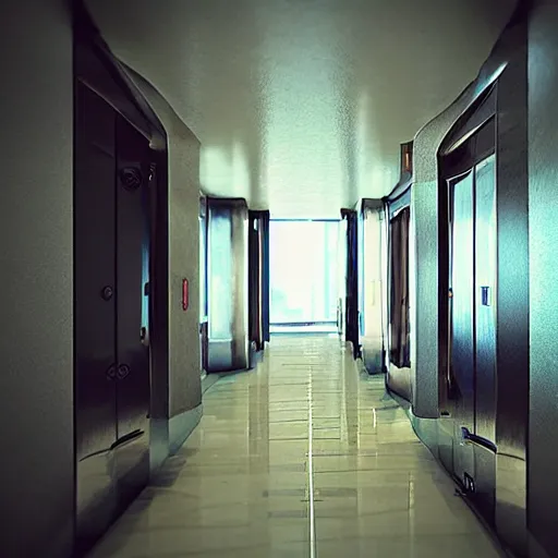 Prompt: “Sunlit hotel elevator bank, high quality, unreal engine, raytraced, photorealistic”