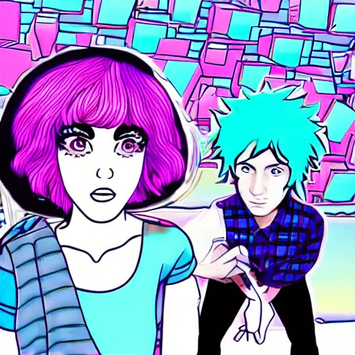 Image similar to vaporwave ramona flowers and scott pilgrim, distorted, warped, varying angles, varying locations, grid,