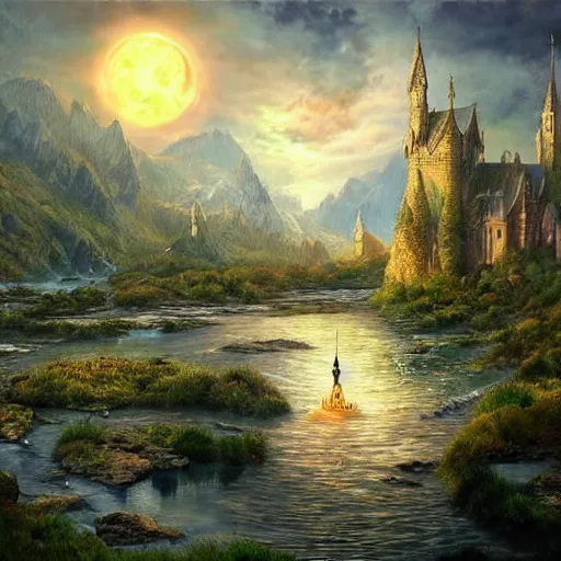 Prompt: 🧝👑🌌🌉🌕💮, realistic painting, high definition, digital art, matte painting, very detailed, realistic