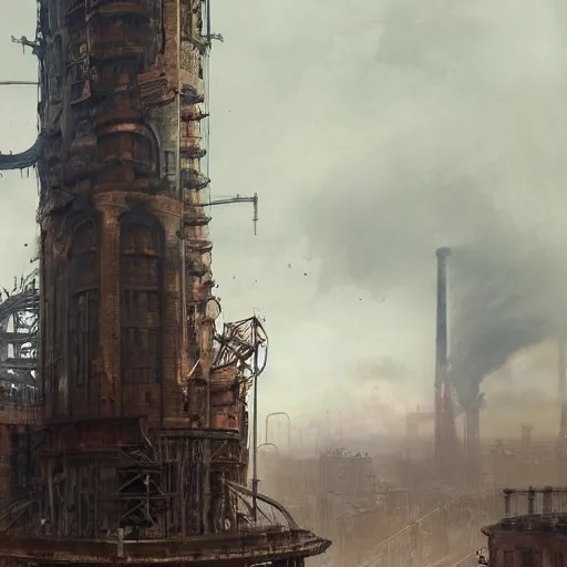 Image similar to highly detailed concept art of monumental chimney of the huge steelworks in the steampunk city center trending on Artstation by Daniel Dociu and Greg Rutkowski, high quality, dieselpunk, architecture, frostpunk, pollution and smoke, rusty