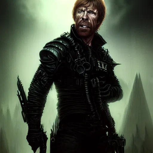 Image similar to chuck norris, darkwave, darksynth, character portrait, sharp, digital matte painting, art by luis royo, greg rutkowski, wlop, dramatic lighting, trending on artstation