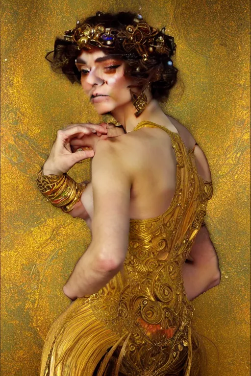 Image similar to an intricate artistic pose painting of a beautiful young muse with an artistic sensual pose with klimt golden motives and textures, hyper detailed, ornamental gold headpiece, octane render, vivid colors, artstation, by jeremy mann, by alphonse mucha, by boris vallejo