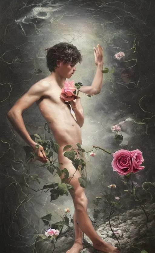 Image similar to a painting of a young man, walking unknowingly toward the brink of a precipice, holding a white rose in one hand, and in the other a small bundle of possessions, a surrealist painting by marco mazzoni, cgsociety, neo - figurative, detailed painting, rococo, oil on canvas, seapunk, lovecraftian