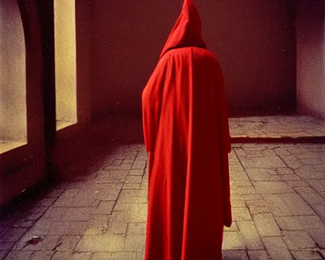 Prompt: by francis bacon, vivian maier, mystical redscale photography evocative. religious relics, priestess in red capirote