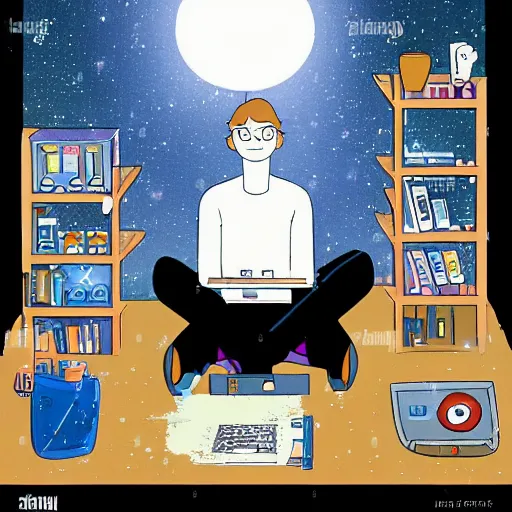 Image similar to a skinny computer nerd guy sitting on the floor of his room, crossed legs, laptop, smartphone, video games, tv, books, potions, jars, shelves, knick knacks, tranquil, star charts, calm, sparkles in the air, magic aesthetic, fantasy aesthetic, faded effect, by Studio Ghibli, howls moving house inspired, detailed, intricate,