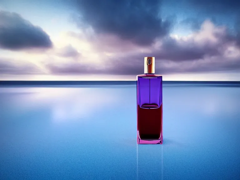 Prompt: perfume bottle standing on lilpadss in a deep blue frosted pond ; mute dramatic colours, soft blur outdoor stormy sea background, dramatic, mid day, sand dune background, soft lilac skies, large scale, hyperrealistic, lots of detail, realistic lighting, octane render, by wlop, artgerm, trending on artstation