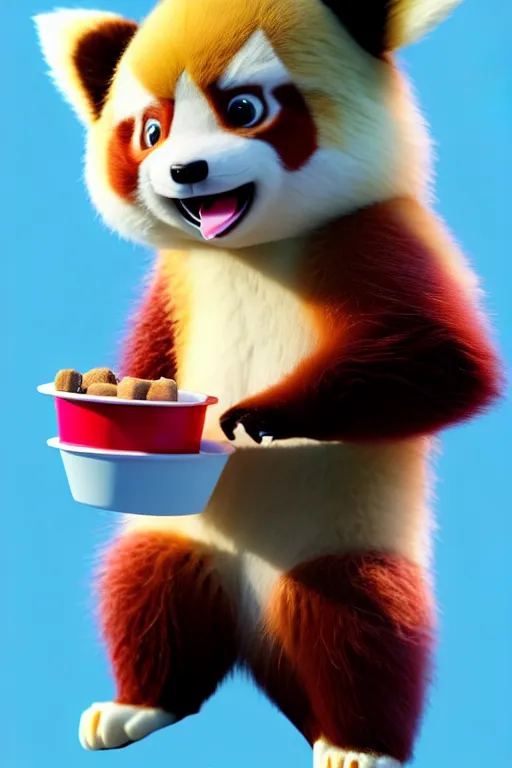 Image similar to high quality 3 d render hyperrealist very cute pastel fluffy red panda & koala hybrid stuffing mouth with ice cream, vray smooth, in the style of detective pikachu, very dramatic light, low angle, uhd 8 k, shallow depth or field