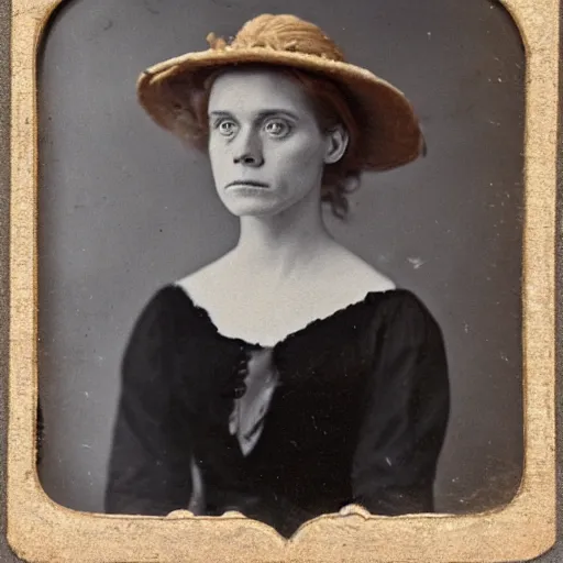 Prompt: a late 1 9 th century, 3 0 years old, austro - hungarian, sullen old maid ( redhead, tight bun, tight bun, straw hat decorated with too big flowers, looks a like amy adams mixed with anne - marie duff, but not pretty, as a strict school teacher ), daguerreotype by jean - gabriel eynard