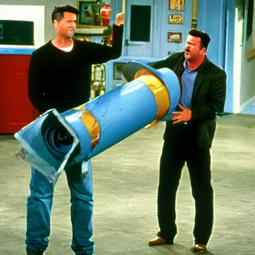 Prompt: a scene from friends where joey and chandler starts to build a rocket from scratch, realistic, face ehance, shaun of the dead