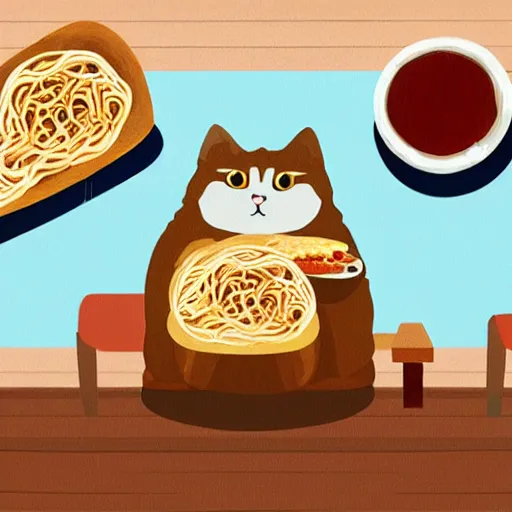 Image similar to cute fat cat sitting in front of ramen noodles on toast, photo realistic