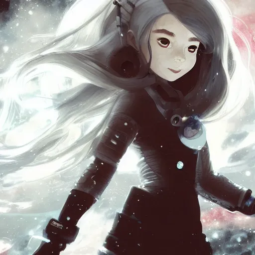 Prompt: highly detailed portrait of a hopeful young astronaut lady with a wavy white hair, by Dustin Nguyen, Akihiko Yoshida, Greg Tocchini, Greg Rutkowski, Cliff Chiang, 4k resolution, nier:automata inspired, bravely default inspired, vibrant but dreary but upflifting red, black and white color scheme!!! ((violent black hole nebula thunderstorm background)),