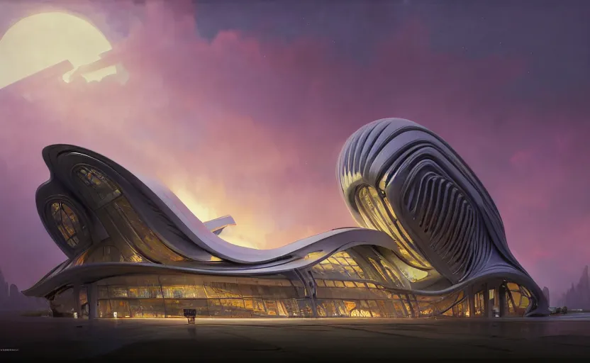 Image similar to exterior shot of utopian architecture building with cinematic lighting by zaha hadid and renzo piano, darek zabrocki and greg ruthkowski, alphonse mucha, simon stalenhag, cinematic, holy place, paradise, scifi, futurism, atmospheric, sunset, concept art, artstation, trending on artstation