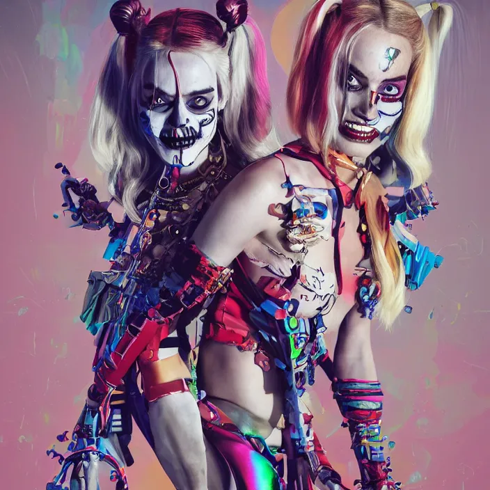 Image similar to portrait of a skeleton as Margot Robbie’s harley quinn. intricate abstract. intricate artwork. by Tooth Wu, wlop, beeple, dan mumford. octane render, trending on artstation, greg rutkowski very coherent symmetrical artwork. cinematic, hyper realism, high detail, octane render, 8k, iridescent accents