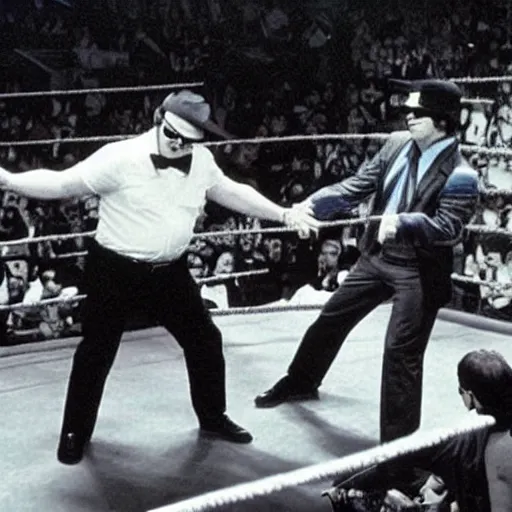 Prompt: “ the blues brothers as a professional wrestling team, fighting in the wrestling ring, still from tv broadcast ”