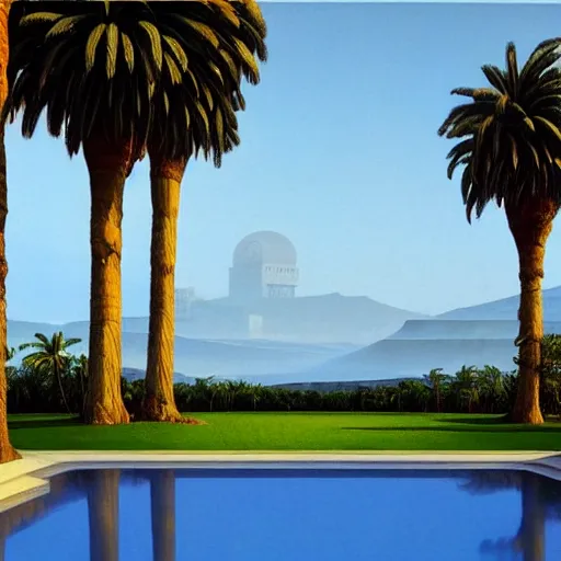 Prompt: David Ligare masterpiece, neon sign, hyperrealistic surrealism, award winning masterpiece with incredible details, beautiful lighting, pool caustics, illuminated orbs, epic stunning, infinity pool, a surreal vaporwave liminal space, highly detailed, trending on ArtStation, broken giant marble head statue ruins, calming, meditative, geometric liminal space, palm trees, very vaporwave, very very surreal, sharp details