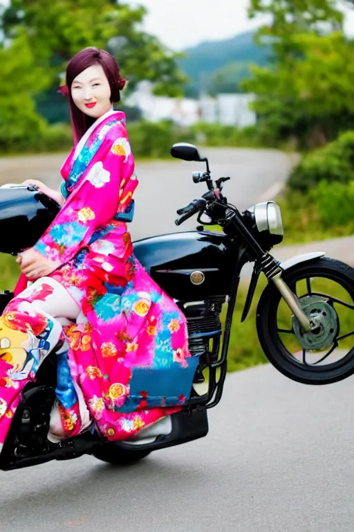 Image similar to full - length photo, young woman, riding a motorcycle, wearing japanese kimono, high heels, 4 k, colourful