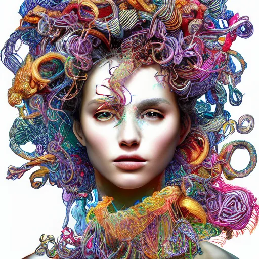 Image similar to the portrait of a ridiculously beautiful and elegant woman partially made of onion rings of all colors, an ultrafine detailed illustration by james jean, final fantasy, intricate linework, bright colors, behance contest winner, vanitas, angular, altermodern, unreal engine 5 highly rendered, global illumination, radiant light, detailed and intricate environment