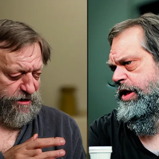 Image similar to Slavoj Žižek in a heated debate against Dan Harmon