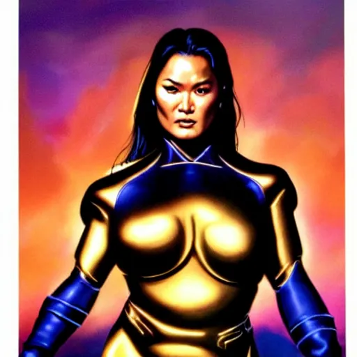 Image similar to tia carrere in cyber metal suit, atmospheric lighting, painted, intricate, golden hour, ultra detailed by alex ross