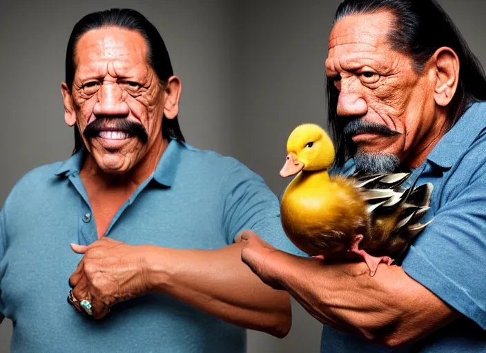 Image similar to photo still of danny trejo at the county fair!!!!!!!! at age 5 6 years old 5 6 years of age!!!!!!!! holding a baby duck he won, 8 k, 8 5 mm f 1. 8, studio lighting, rim light, right side key light