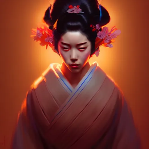 Prompt: pretty geisha, d & d digital painting, ultra realistic, beautiful, volumetric lighting, warm colors advance, cell shading, by james jean, greg rutkowski, wlop