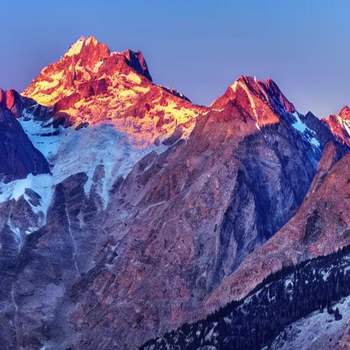 Prompt: an amazing photograph of a mountain range, the setting sun is shining on the peaks of the mountains