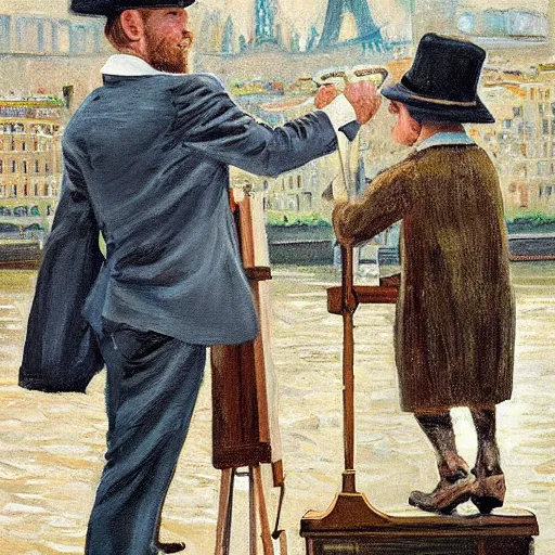 Image similar to mcgregor is dressed as a gentleman at early 2 0 th century paris. he is watching an easel. that easel has a canvas on it. ewan mcgregor has a brush on his hand. he is painting a painting. there is a small brown cat with yellow eyes on ewan mcgregors feet. on background has river seine, morning sun, dark clouds, lightning, matte painting