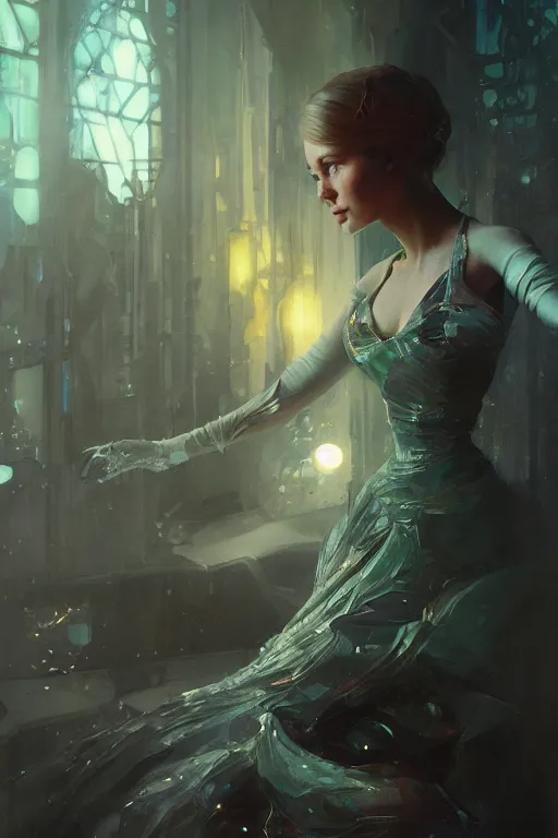 Prompt: cinderella, cyberpunk, oil painting, darkness, paint texture, digital painting, highly detailed, artstation, sharp focus, illustration, concept art, ruan jia, charlie bowater, tom bagshaw, norman rockwell