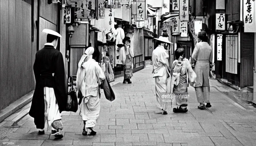 Image similar to mr. hulot lost in the streets of gion, inquiring directions from a geisha in old kyoto, cinematic 1 9 7 0, in the style. of wes anderson and jacques tati