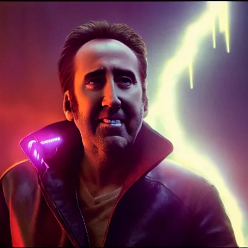 Image similar to glamour photo shot of nicolas cage with crazy grin and dramatic lightning and backlightning, bladerunner 2 0 4 9, highly detailed