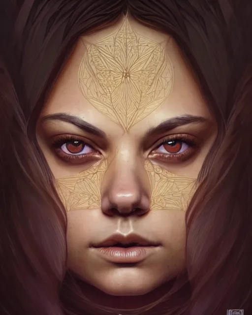 Prompt: symmetry portrait of mila kunis princess, forest background, intricate, elegant, highly detailed, digital painting, artstation, concept art, smooth, sharp focus, illustration, art by artgerm and greg rutkowski and fra angelico and alphons mucha