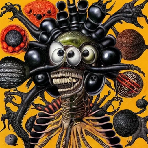 Image similar to album cover, aliens, black, white, orange, psychedelic, giuseppe arcimboldo