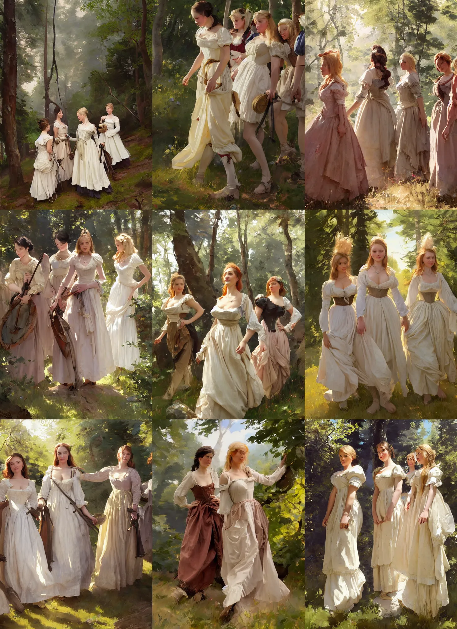 Prompt: group of beautiful finnish norwegian swedish attractive glamour models wearing as village maidens in 1 7 th century bodice with low neckline walking in the woods in a sunny day, jodhpurs greg manchess painting by sargent and leyendecker, studio ghibli fantasy medium shot asymmetrical intricate elegant matte painting illustration hearthstone, by greg rutkowski by greg tocchini by james gilleard