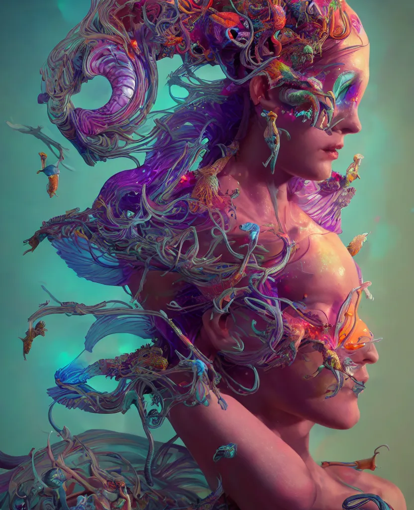 Image similar to goddess full color painted acryllic sculpture close-up portrait. orchid bird phoenix head, nautilus, skull, betta fish, bioluminiscent creatures, intricate artwork by Tooth Wu and wlop and beeple. octane render, trending on artstation, greg rutkowski very coherent symmetrical artwork. cinematic, hyper realism, high detail, octane render, 8k