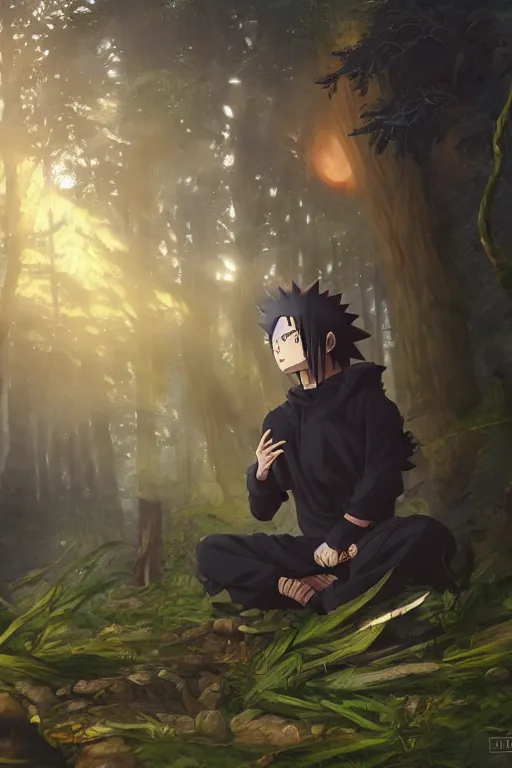 Image similar to photorealistic dark fantasy concept art of Naruto meditating in a forest, dynamic lighting, stunning visuals, realism, cinematic, hyper detailed, ultra detailed, beautiful visuals and sunset