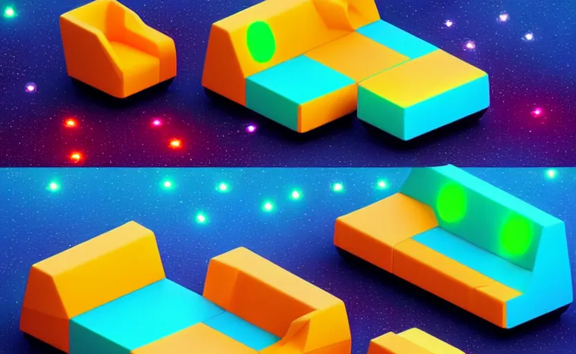 Image similar to isometric object is a low poly isometric sofa with alien aesthetic inspired by pandora in the avatar movie, it has bioluminescent plants growing on top of it, beautiful neon orange - yellow with blue hints and it's bedecked with some sparkling crystals all over the place. black background, night isometric artstation neon. behance, pinterest