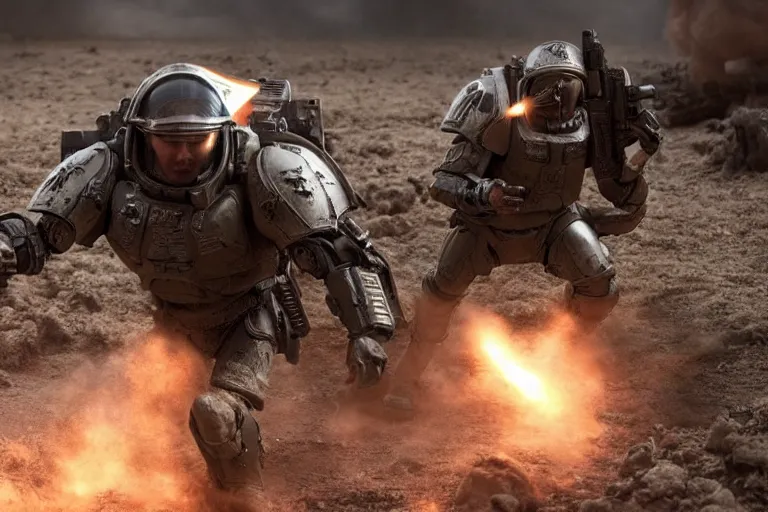 Image similar to VFX movie of a futuristic spacemarine in war zone, shooting gun natural lighting by Emmanuel Lubezki