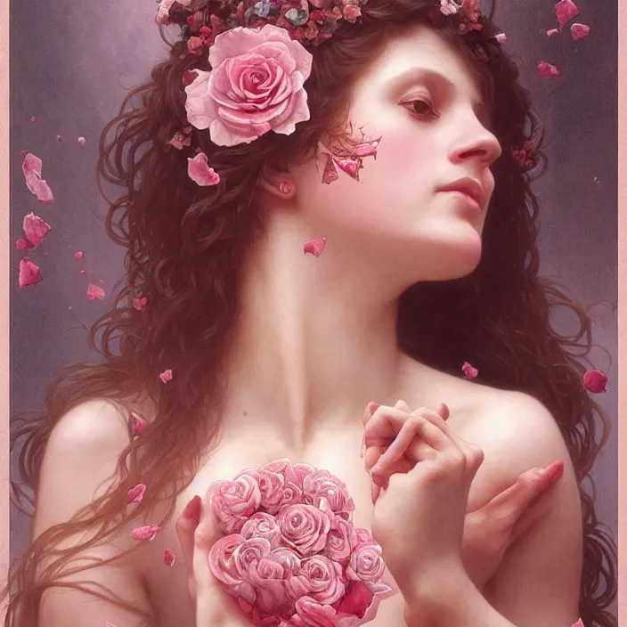 Image similar to a wonderful goddess with the skull made of rose pink petals, intricate, elegant, highly detailed, wonderful eyes, sweet, digital painting, artstation, concept art, smooth, sharp focus, illustration, art by artgerm and greg rutkowski and alphonse mucha and william - adolphe bouguereau