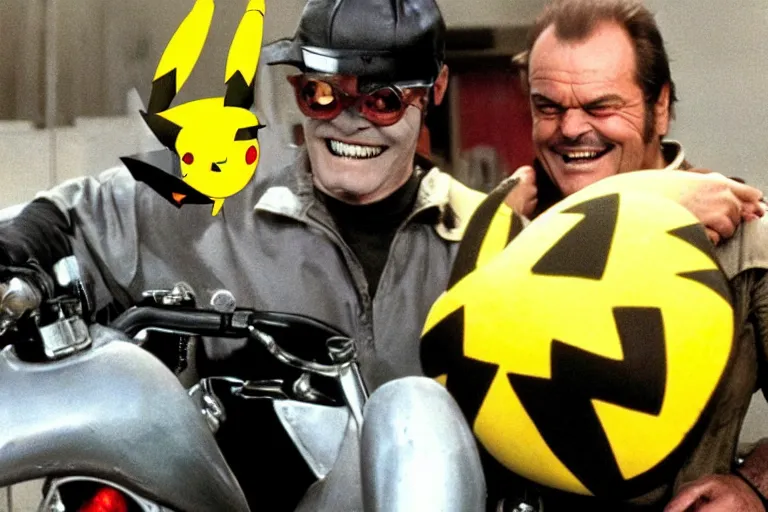 Prompt: Jack Nicholson plays Pikachu Terminator, scene where he rides motorbike