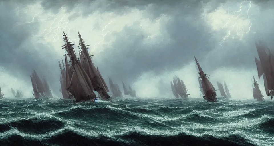 Prompt: fleet of giant sailing battleships with giant sails, raging sea foggy, dramatic, action scene, lightningstorm background, shipfleet on the horizon, high detail, greg rutkowski, james gurney, gene wolfe, gustave dore, jesper ejsing, rhads, makoto shinkai, ilya kuvshinov