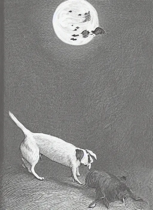Image similar to candid portrait of jack russel dog looking up barking at the moon, from behind, night sky, highly detailed, illustrated by peggy fortnum and beatrix potter and sir john tenniel