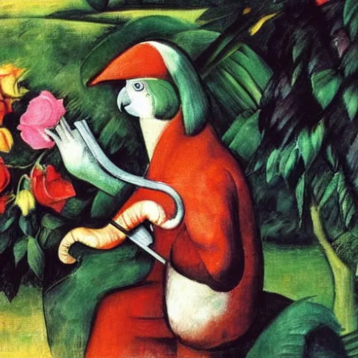 Prompt: cockatoo holding a trumpet, sitting in the rose garden, medieval portrait, by franz marc, close up