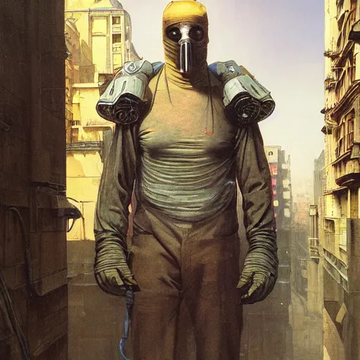 Prompt: portrait of masked cyberpunk scientist on the art deco streets of the Empire city, award-winning realistic sci-fi concept art by Beksinski, Bruegel, Greg Rutkowski, Alphonse Mucha, and Yoshitaka Amano