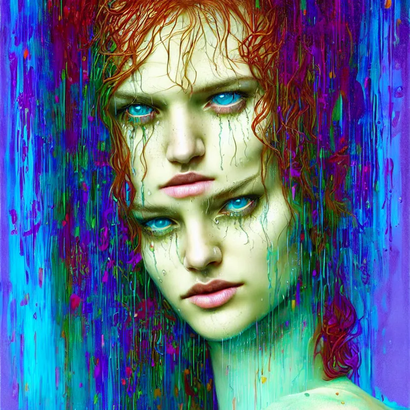 Image similar to bright asthetic portrait of LSD in rain with wet hair and face, liquid, fantasy, intricate, elegant, dramatic lighting, highly detailed, lifelike, photorealistic, digital painting, artstation, illustration, concept art, smooth, sharp focus, art by John Collier and Albert Aublet and Krenz Cushart and Artem Demura and Alphonse Mucha