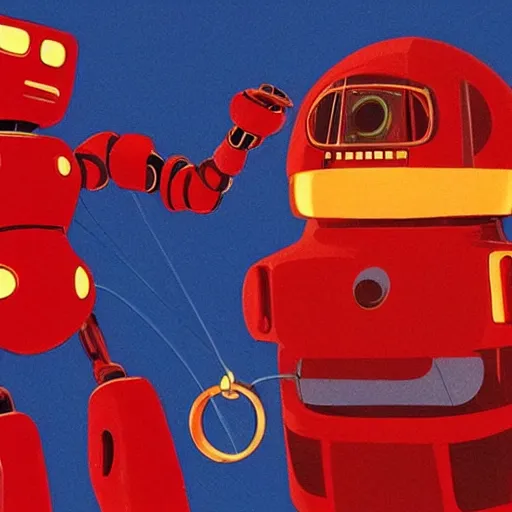 Prompt: red robot cancer cut a gold medal ribbon on the human neck, futuristic, ghibli