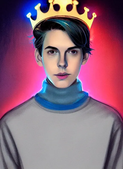 Image similar to portrait of teenage jughead jones wearing a light grey crown, crown, blue turtleneck, 1 9 5 0 s, closed eyes, photorealistic, black hair, glowing lighting, intricate, elegant, glowing lights, highly detailed, digital painting, artstation, concept art, smooth, sharp focus, illustration, art by wlop, mars ravelo and greg rutkowski