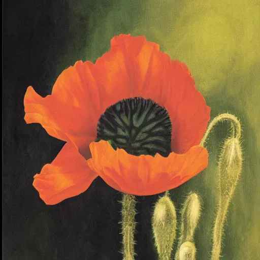 Prompt: painting of poppy thistle, oil on canvas, georgia o'keeffe, 1 9 6 4, museum catalog photograph